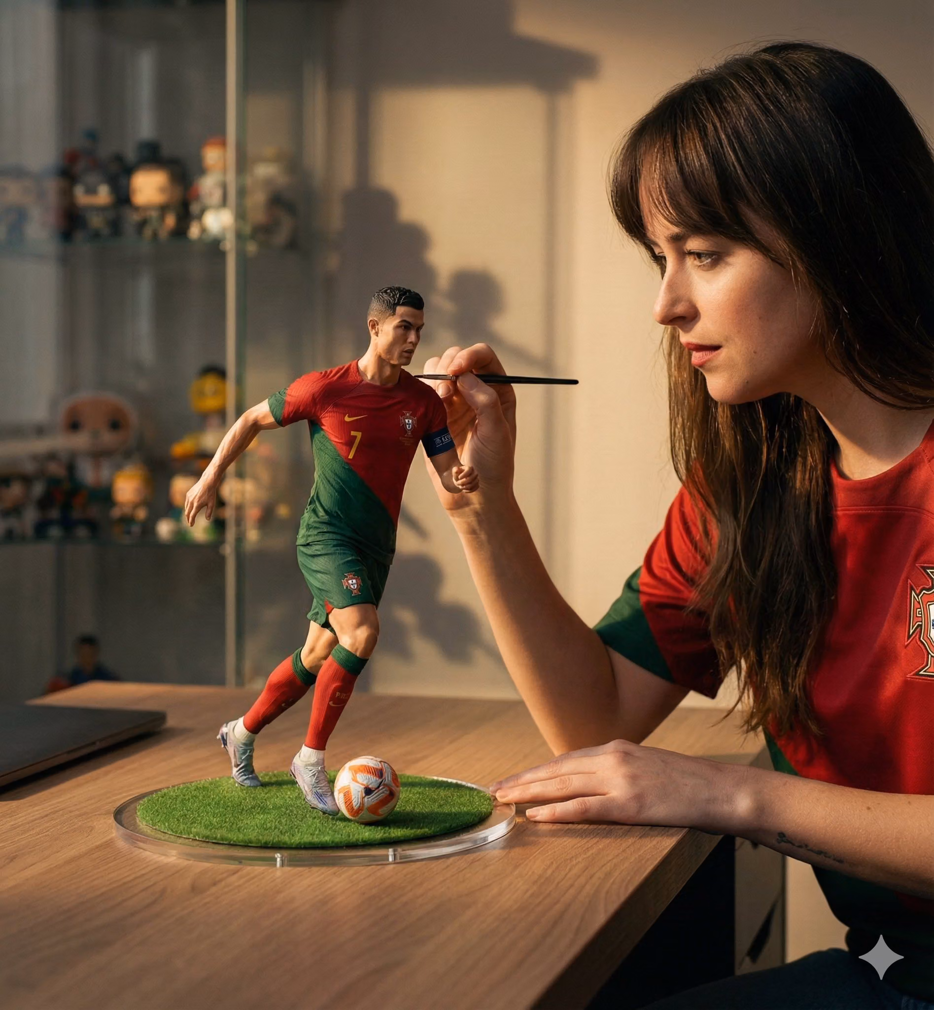 A hyper-realistic cinematic scene of a woman carefully painting a miniature football figurine of Cri