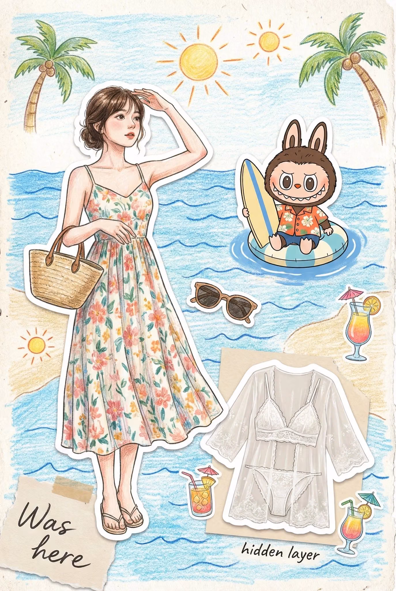 Summer Atmosphere Illustration in Travel Scrapbook Style