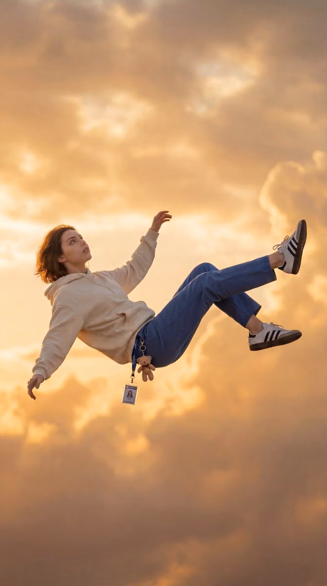 Cinematic shot of a girl falling through the sky