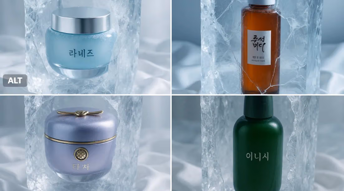 Luxury Korean Skincare Ad Style: Product Suspended in Ice