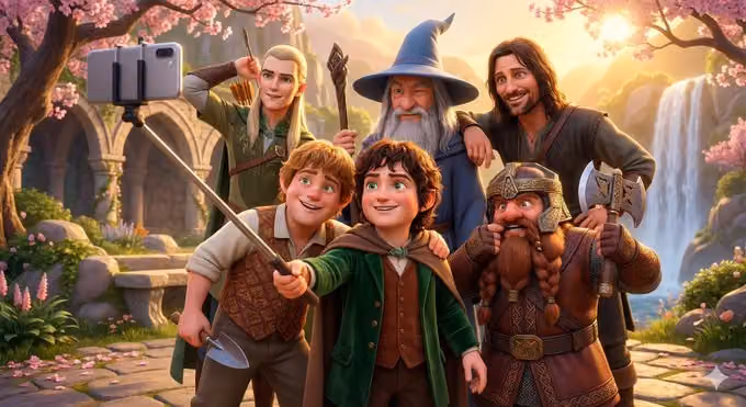 Vibrant Pixar-style 3D Animated Scene of Joyful Group Selfie Moment