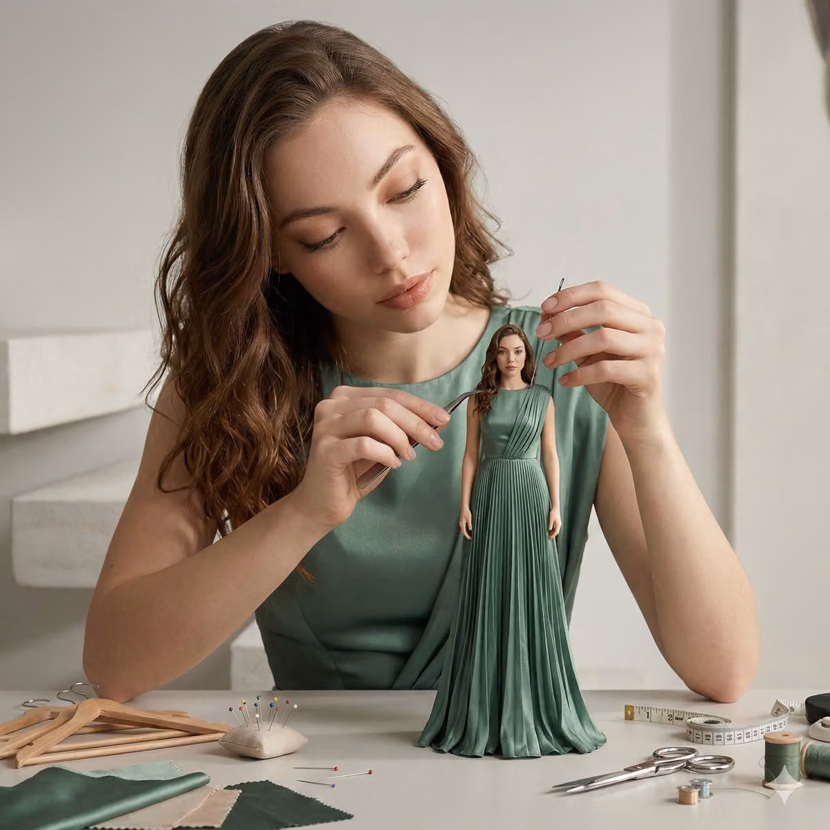 Ultra-realistic Cinematic Studio Scene of Miniature Fashion Adjustments