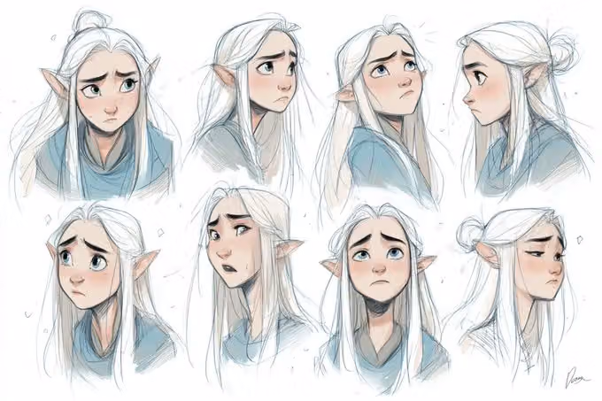 Character sheet sketch with multiple angles and expressive faces
