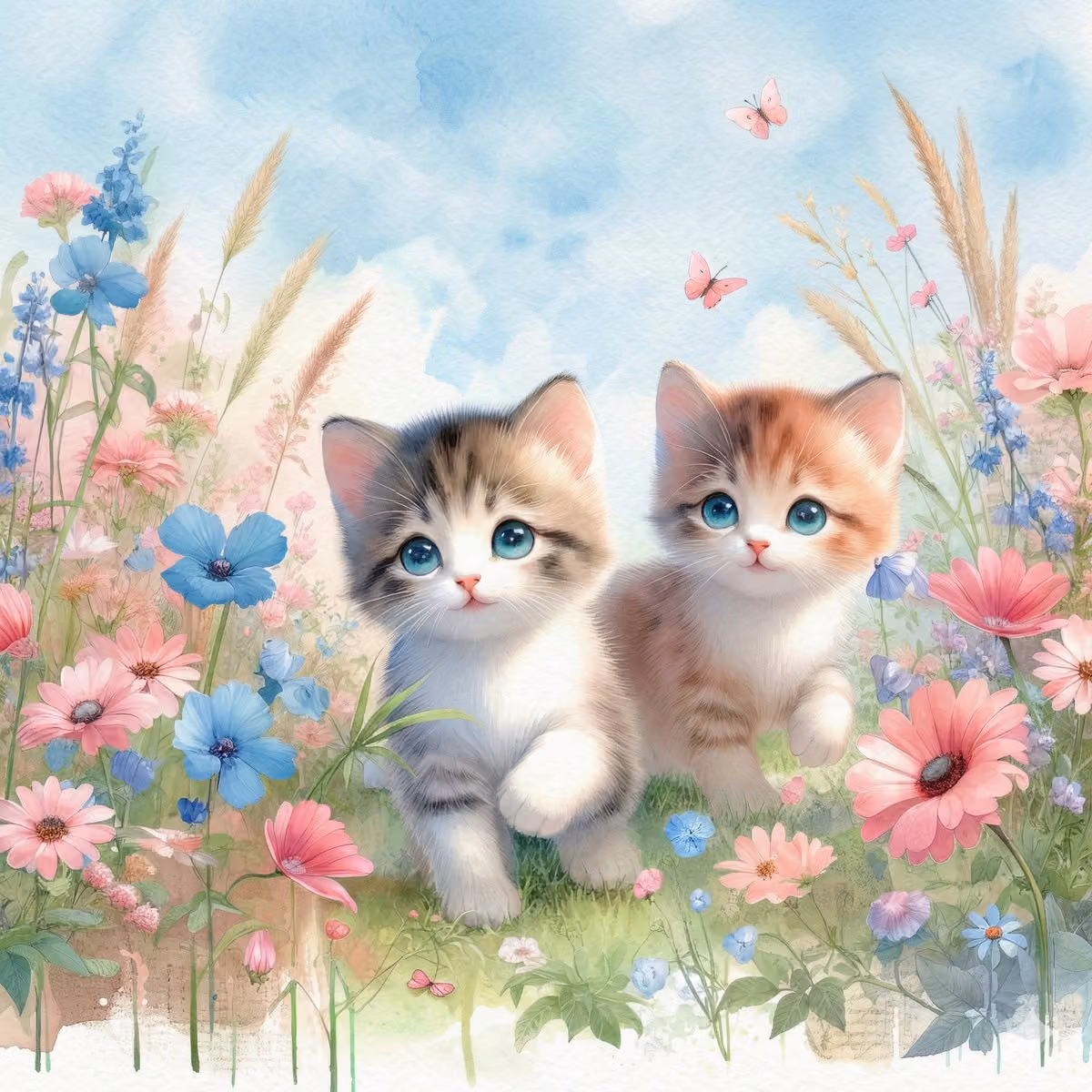 Soft Watercolor Kitten Garden Illustration