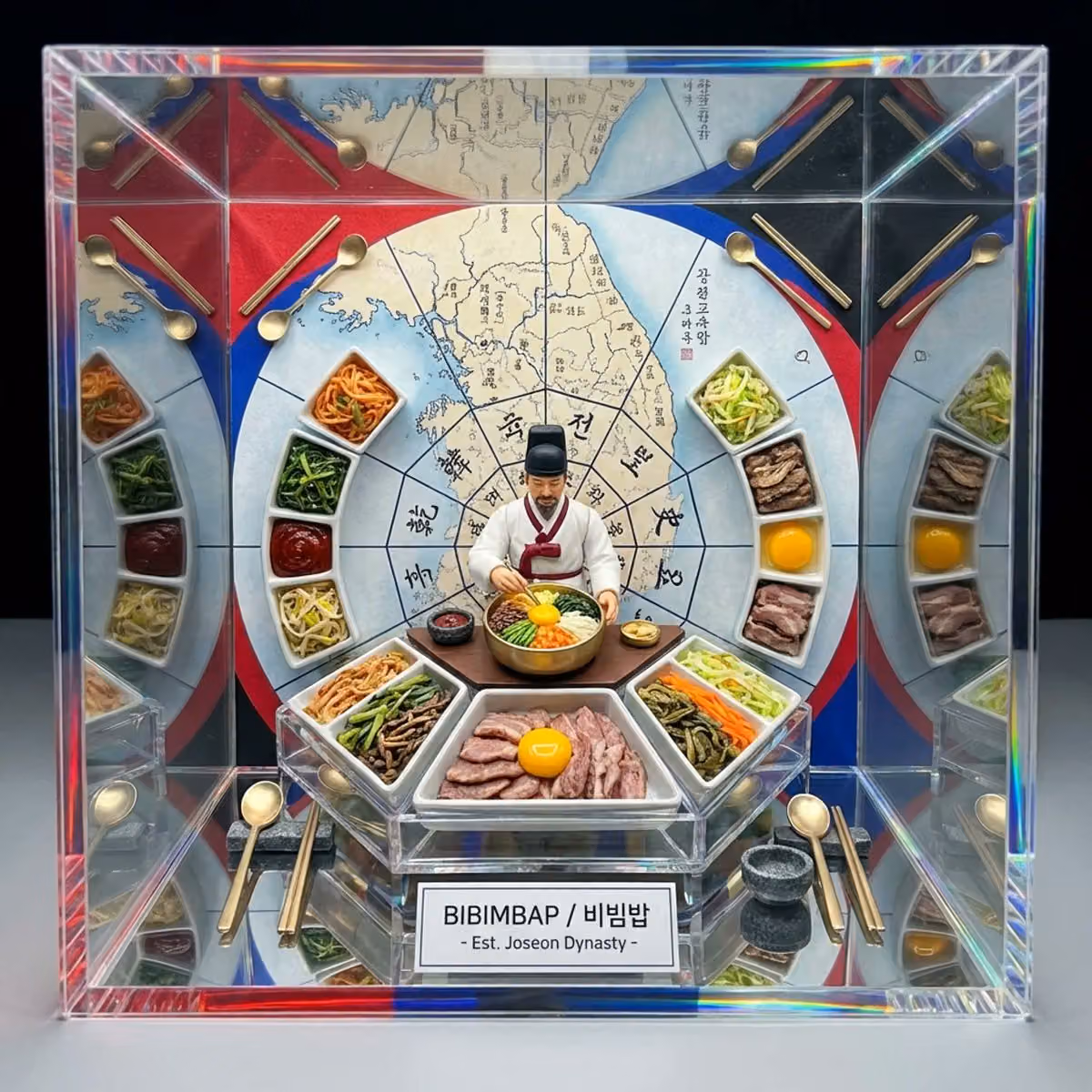 Famous Asian dish in kaleidoscopic acrylic box