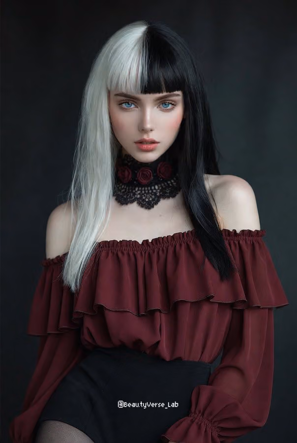 Stunning 20s Western Caucasian Female with Striking Two-Tone Hair, Elegant Outfit, Cinematic Fashion