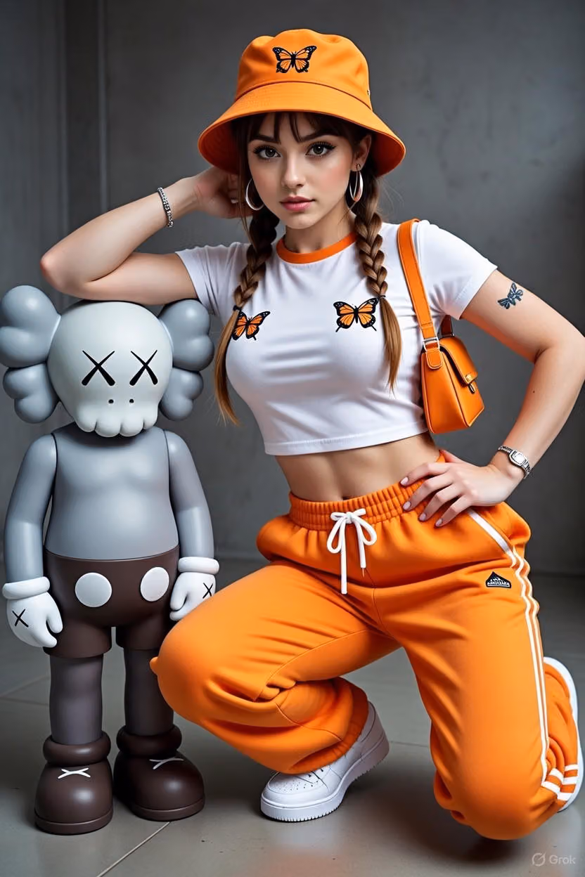Stylish Woman with KAWS-Style Art Figure Fashion Editorial