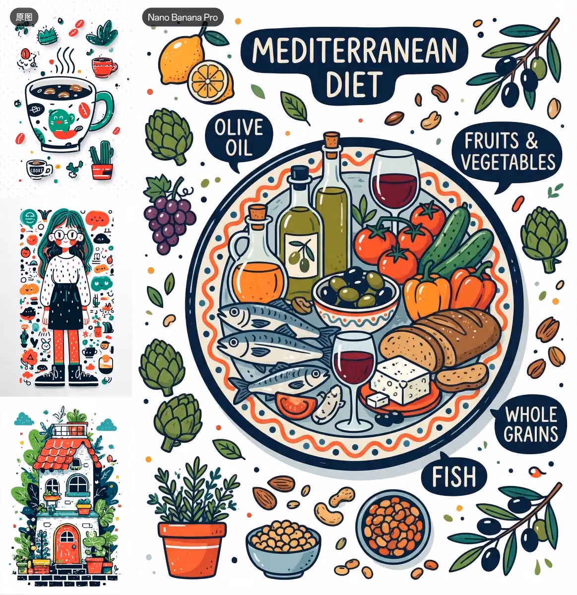 Draw a Mediterranean Diet Illustration in the Style of Three Images