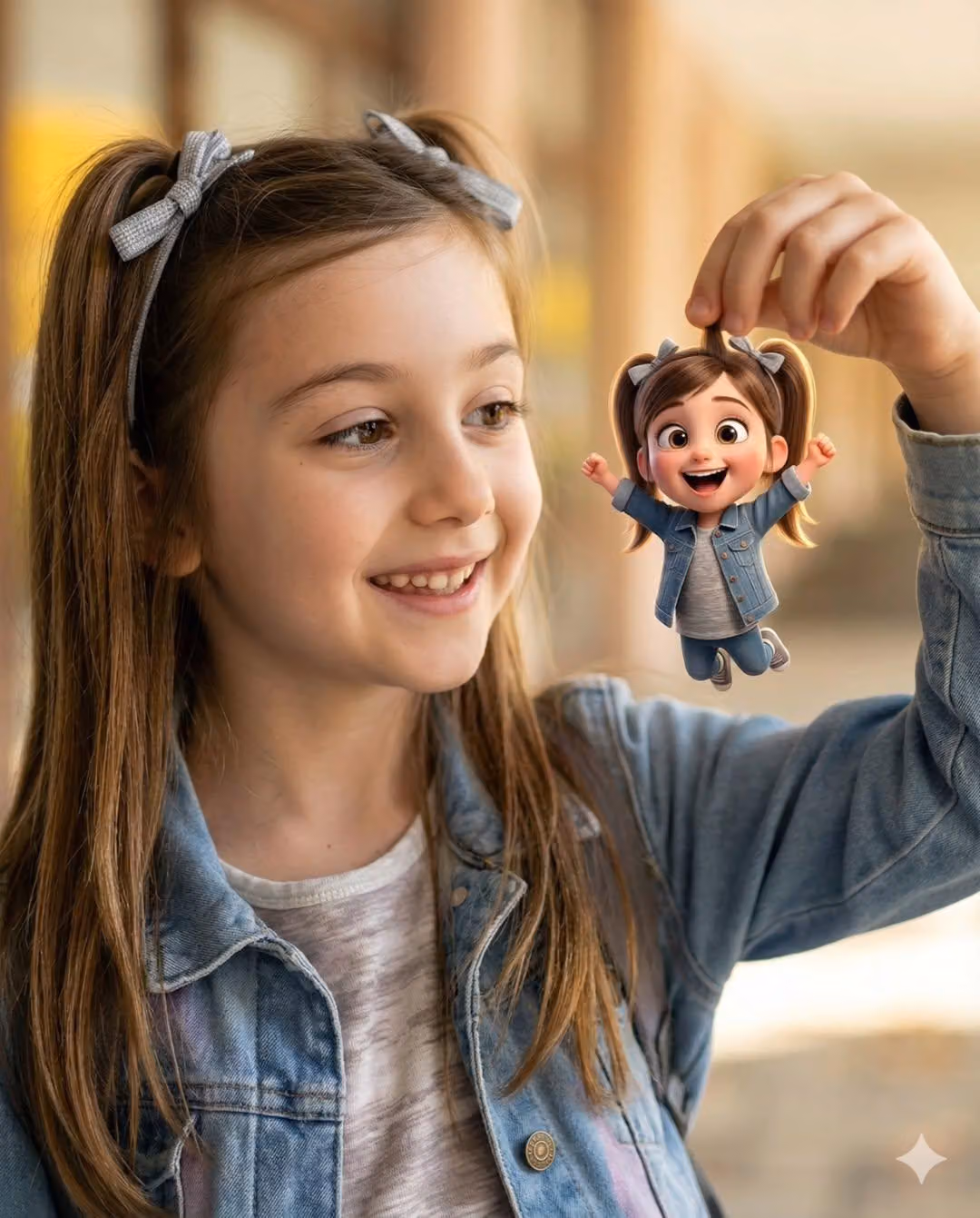 Heartwarming Whimsical Portrait: Real Girl with Pixar-Style Miniature