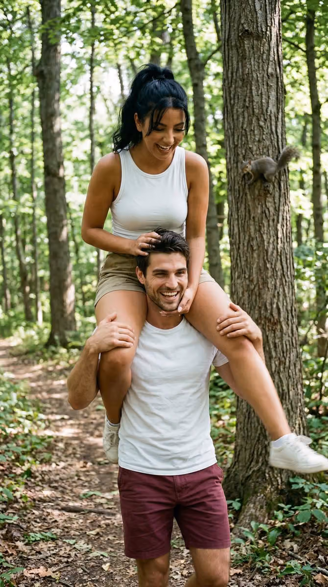 Romantic Couple Camping Date in Forest with Squirrel