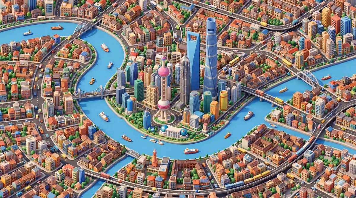 Isometric illustration of a huge city map in toy-like style
