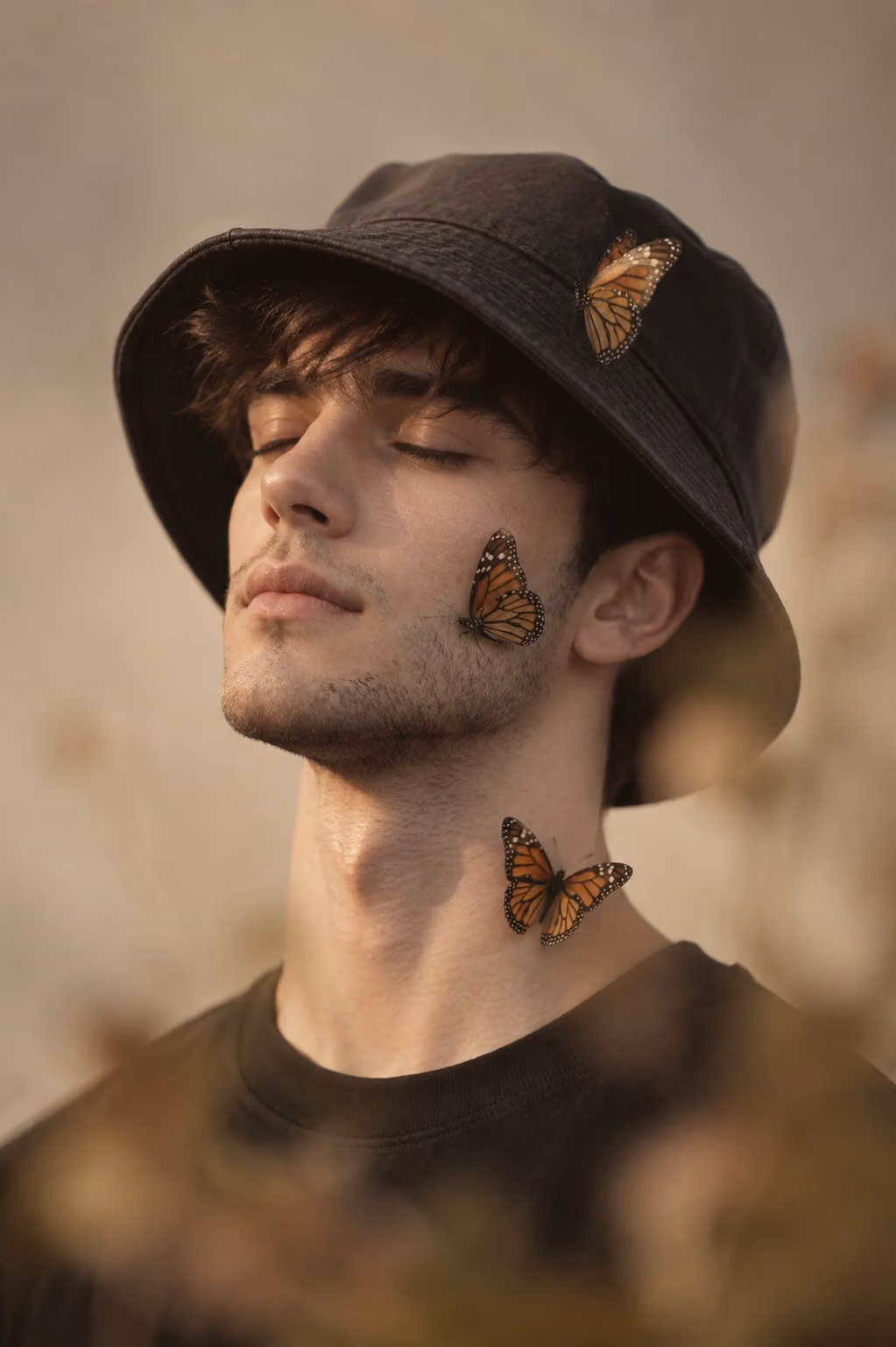 Soft Cinematic Fashion Portrait with Butterflies