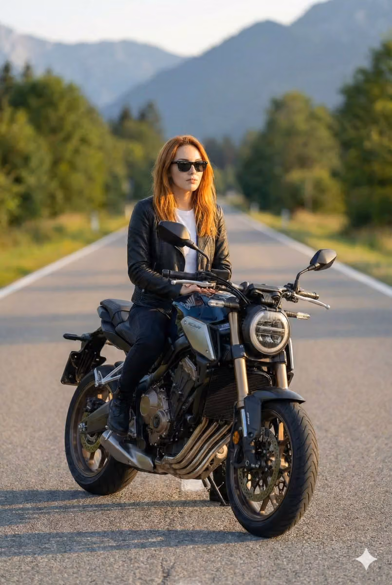 Confident Man on Modern Motorbike – Cinematic Portrait