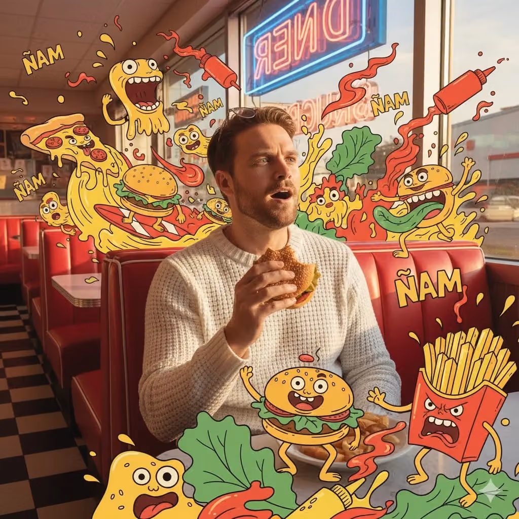 Vibrant Mixed-Media Masterpiece: The Person from the Reference Photo Eating at a Diner, Surrounded b