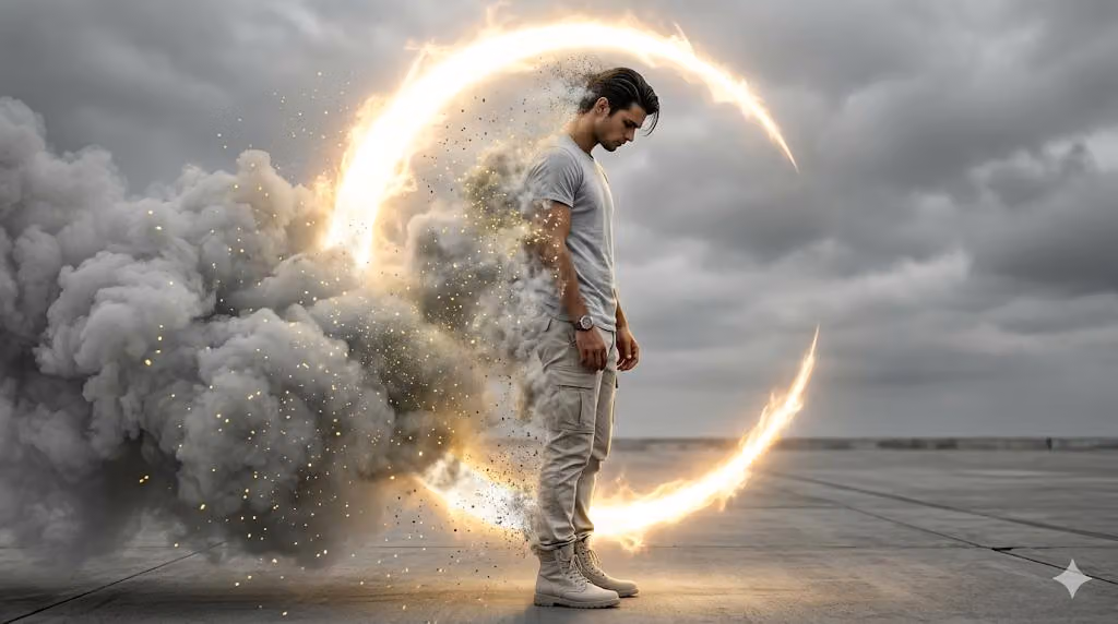 Man dissolving into smoke with golden crescent aura