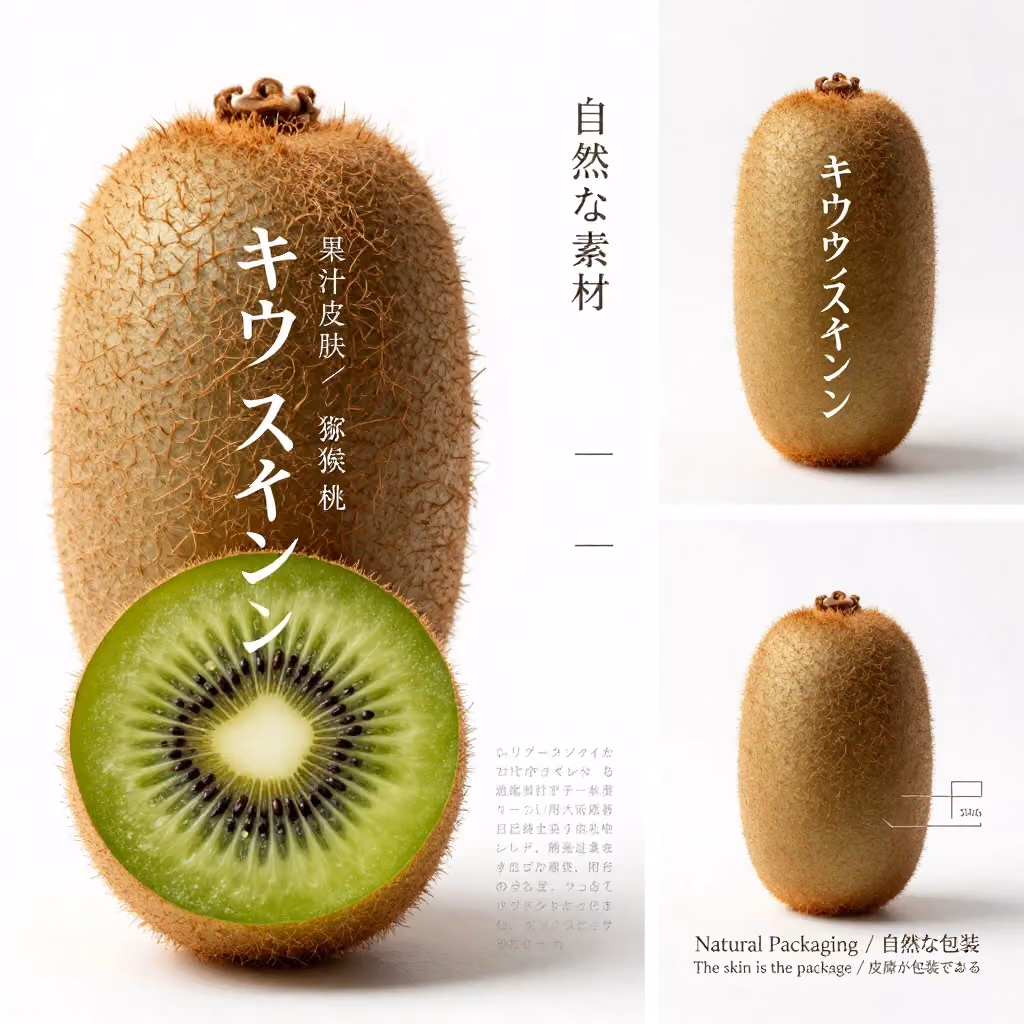 Premium Japanese-style product poster in 16:9 landscape format, editorial design showcasing kiwi jui
