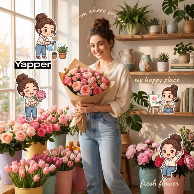 Cozy Flower Shop Scene with Chibi Characters